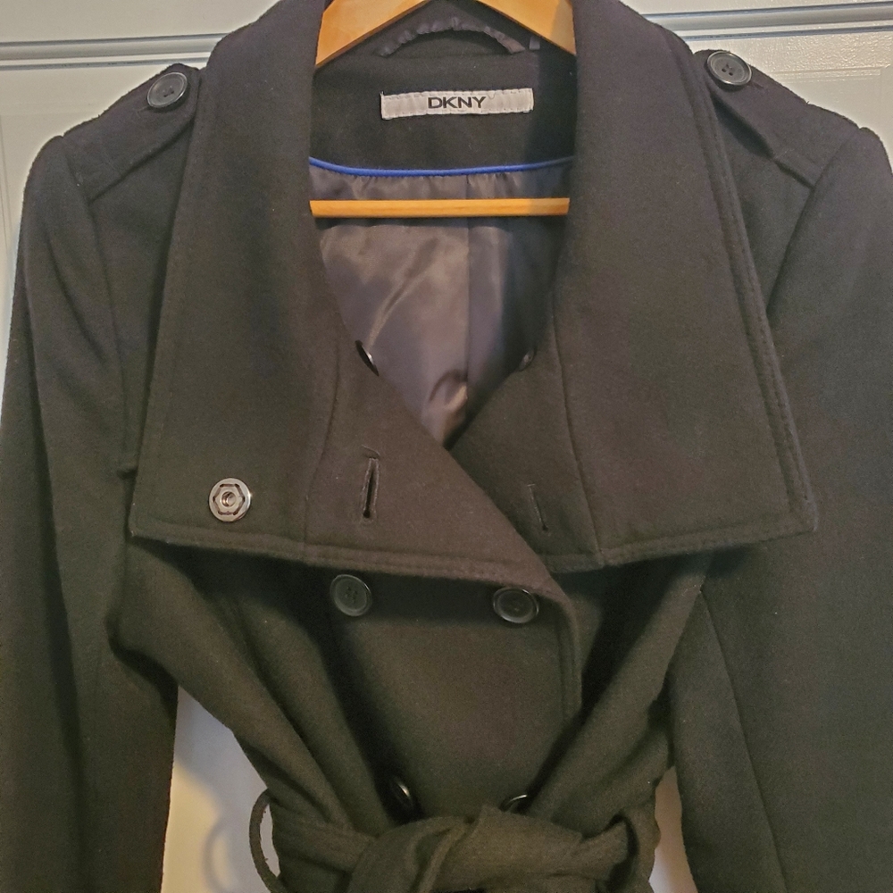 DKNY Women's Wool Blend Black Belted Trench Coat - Picture 7 of 14